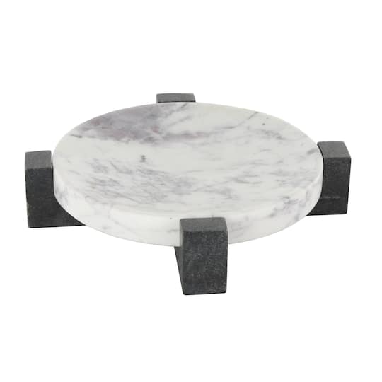 10" x 10" White with Black X-Shaped Base Marble Geometric Round Tray
